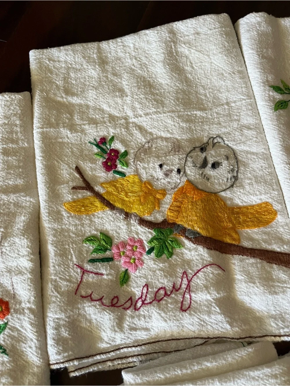 Bird Days of the Week Flour Sack Towels Embroidered Vintage
